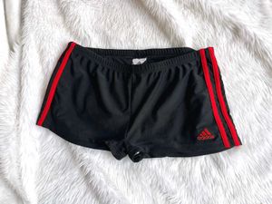 Adidas black three striped red mini shorts