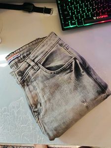Grey Scratched Model Jeans Denim