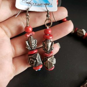 Bohemian Red &amp; Silver Tone Beaded Jewelry Set