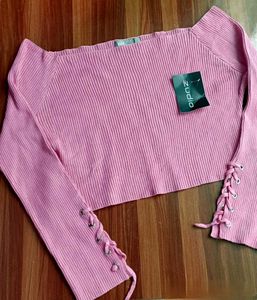 ASOS Pink Ribbed Lace-Up Crop Sweater