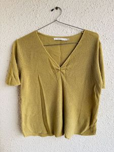 Mustard V-Neck Ribbed T-Shirt