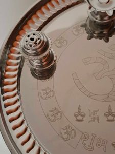 Om Engraved Steel Pooja Thali Free Incense Burner