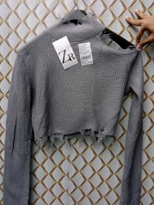 🔴New Zara Cut Crop Grey Sweater