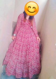RED PRINTED FLARED KURTA SET WITH DUPATTA