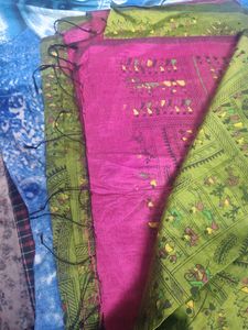 Mehdi Colour Saree With Contrast Blouse