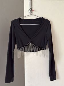 Black Fringe Crop Top