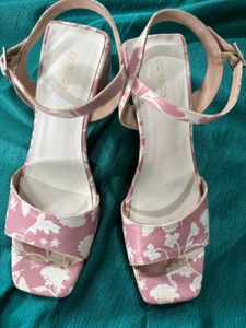 Peach Coloured&White Floral Print Block Heel