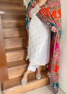 White Chinon Suit With Multicolor Dupatta