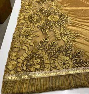 Golden Lycra Silk Floral Embroidered Lace Saree