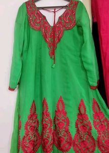 Green &amp; Red Embroidered Kurta Set