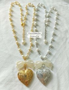 Anime Style Heart Locket Pearl Bow Necklace