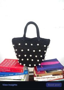 Black Crochet Pearl Embellished Bag