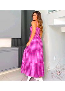 Pink &amp; white Gingham check Tiered Maxi women &amp; gir