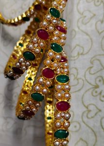 Elegant Gold-Tone Bangles with Pearls &amp; Gemstones