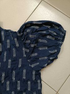 Blue Patterned Button Up Puff Sleeve Top