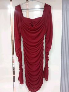 Burgundy Mesh Long Sleeve Dress