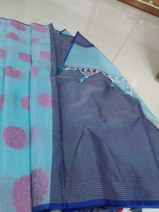 Light Blue Checked Cotton Saree ..