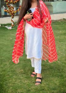 White Lace &amp; Orange Dupatta Suit