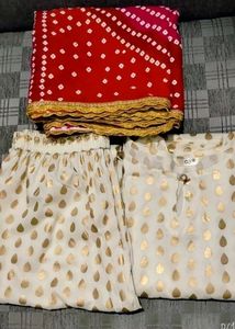 Cream Suit with Red Dupatta
