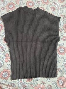 Grey Ribbed High Neck Top
