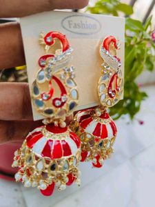 Peacock Meenakari Red/Black Jhumka Earrings