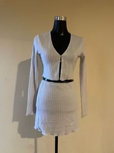 Ribbed Knit Cardigan and Skirt Set