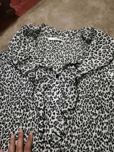 Pleated Ruffle Neck Animal Print Top