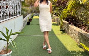 Elegant Off-White Crochet Knit Sleeveless Dress