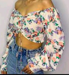 Floral Puff Sleeve Crop Top with Front Tie