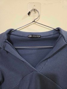 Blue Ribbed Crop Top