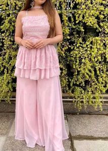 "Baby Pink Palazzo Pant Set with Peplum Top & Dupa