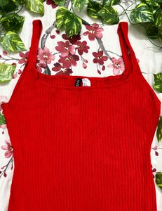 H&amp;M Women’s Red Ribbed Bodycon Dress with Leg Slit