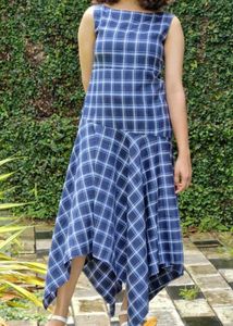Handkerchief Hem Sleeveless Dress – Blue Checkered
