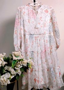 Floral Chiffon Tiered White Dress