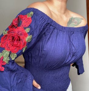ZARA Basic Embroidered Off-Shoulder Top