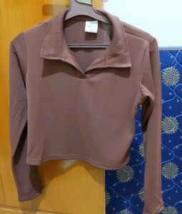 Brown Ribbed Polo Top