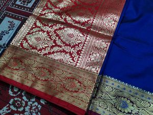 Elegant Blue &amp; Gold Banarasi Satin Saree