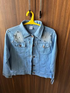 Cropped Jeans Jacket With Pearl Embellishing