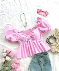 Pink Peplum Puff Sleeve Top