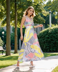 Abstract Print Flared Hem Maxi Length A-line Dress