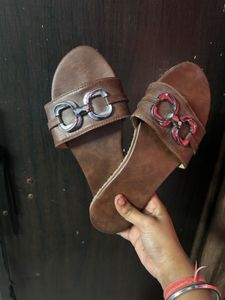 Brown Slides with Silver Buckle Detail