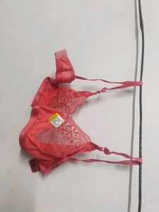 Net Bra Panty Lingerie Set Red Size 32