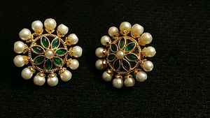 Pearl &amp; Green Floral Stud Earrings