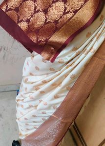 beautiful 😍 Cream &amp; Maroon slik pattu Saree 🔥