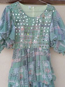 Green Floral Ruffle Sleeve Dress