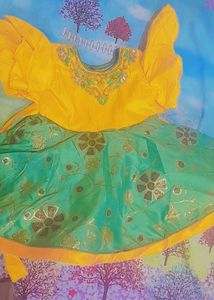 Festive Yellow &amp; Teal Kids Dress