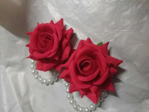 Red Rose &amp; Pearl Corsage Bracelets