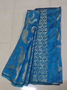 Blue Zari Chanderi Silk Saree+ Blouse Piece