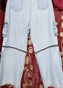 Zip Detail Wide Leg Cargo Jeans