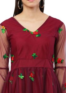Burgundy Floral Embroidered Mini Dress